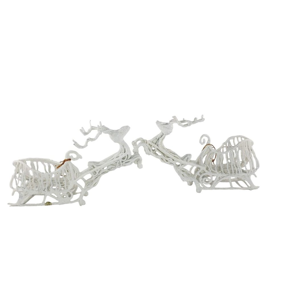 Glistening White Grapevine Flying Reindeer Sleigh Ornament Set of 2